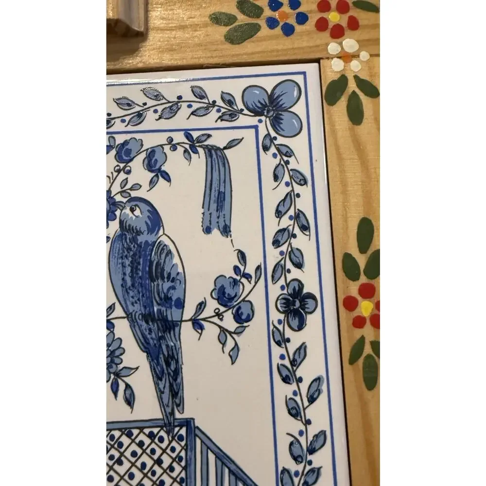 Dutch Floral Bird Ceramic Tile Wood Cutting Board Hanging With Knife Slot 13”